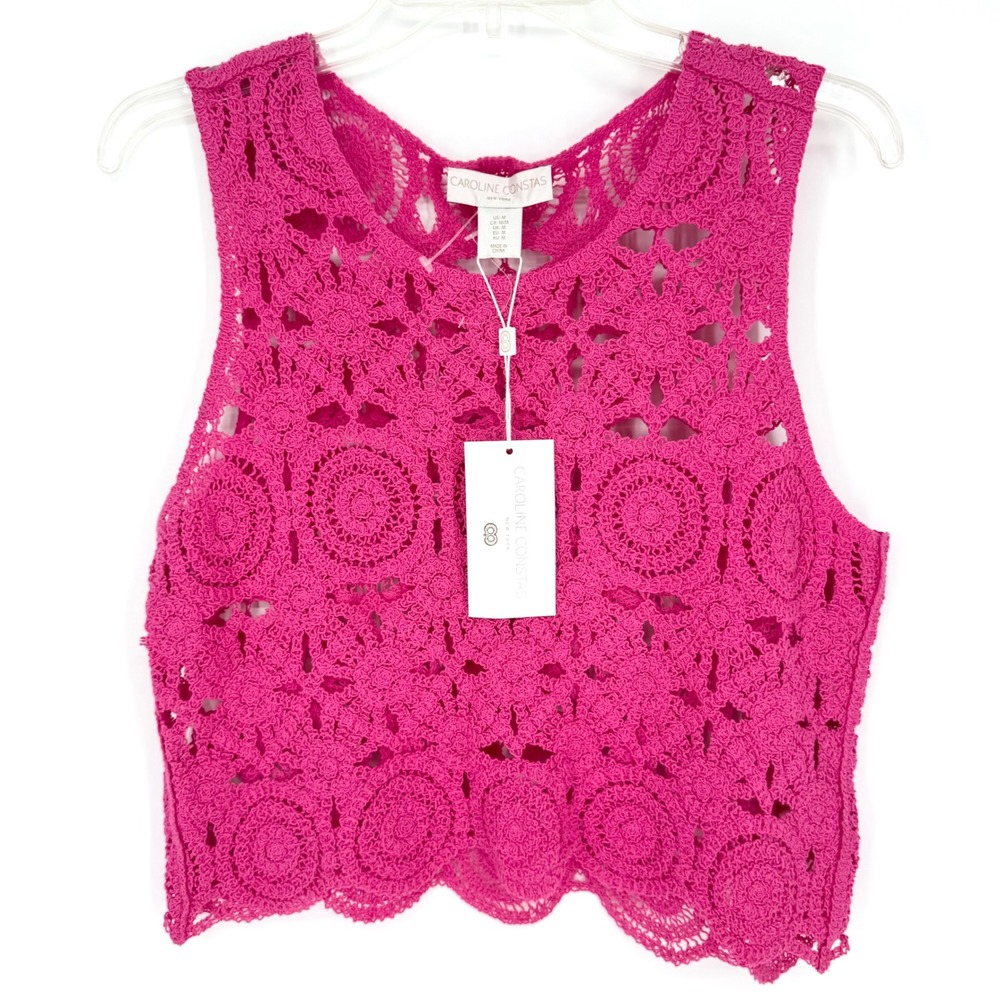 NWT Caroline Constas Pink Crochet Two-Piece Skirt Set Sleeveless Fuchsia Pink M - Picture 4 of 14